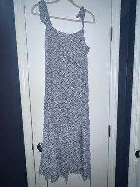 Blue Floral Maxi Faux Wrap Dress with Tie Shoulder Straps